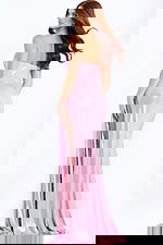 Metallic pink fitted prom gown with elegant cowl neckline