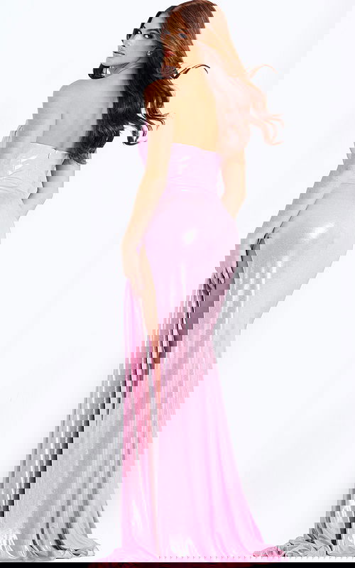 Metallic pink fitted prom gown with elegant cowl neckline