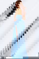 back of high slit blue satin dress 47160