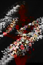 Long sleeve sheer dress covered in colorful 3D floral embroidery