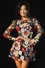 Long sleeve sheer dress covered in colorful 3D floral embroidery
