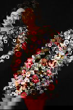 Detailed floral embroidery on sheer long sleeve designer dress