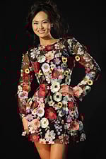 Detailed floral embroidery on sheer long sleeve designer dress