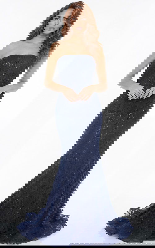 Strapless lace fitted gown with subtle sparkle and flared hem