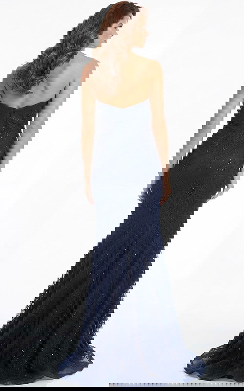 Back view of strapless lace gown with fitted bodice and soft train