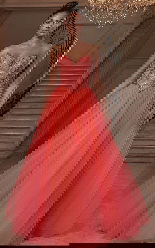 Strapless ball gown with beaded corset bodice and full tulle skirt