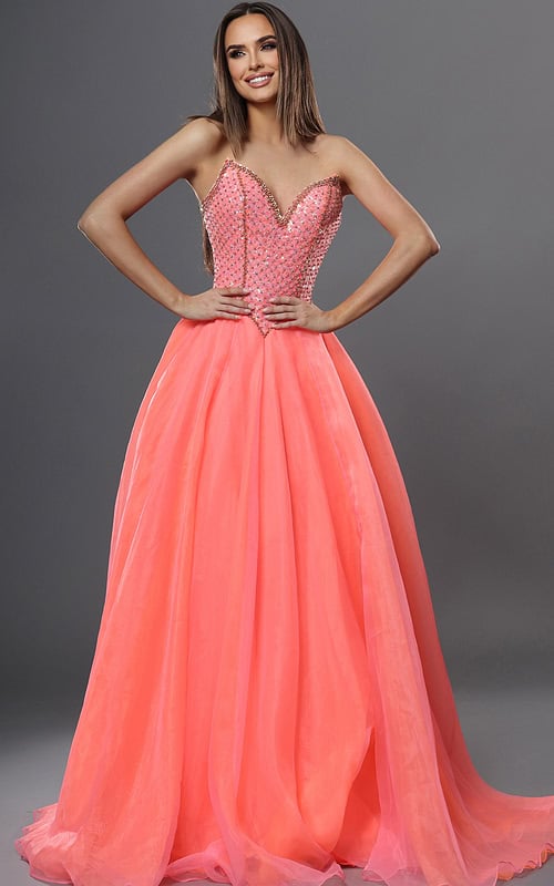 strapless beaded corset ball gown with tulle skirt