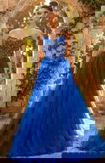 Strapless beaded ball gown with fitted bodice and full tulle skirt