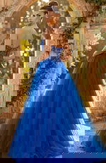 Back view of strapless beaded gown with layered tulle skirt and open back