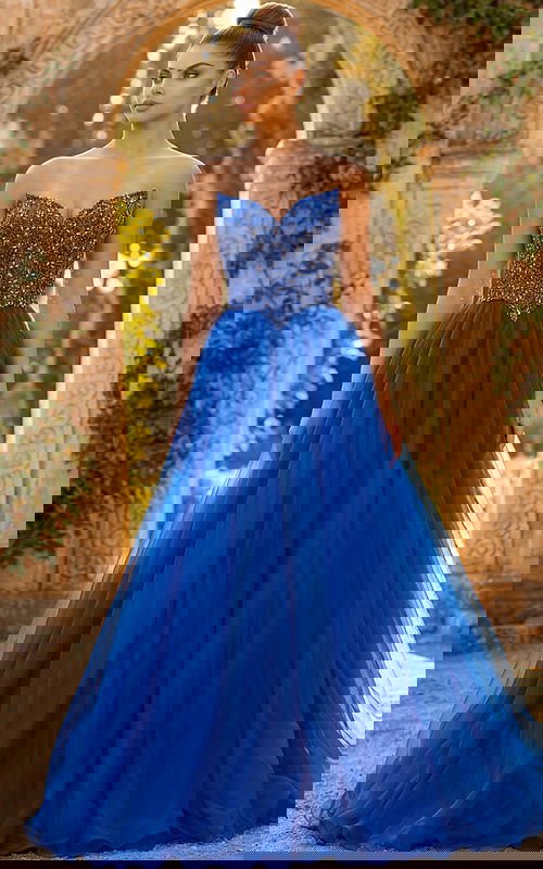 Strapless beaded ball gown with fitted bodice and full tulle skirt