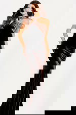 One-shoulder brown velvet dress with jeweled neckline and mermaid hem