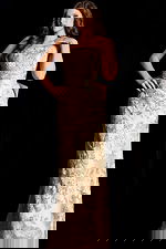 Strapless Gold Embroidered Evening Gown with Oversized Bow