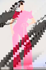 Elegant red jumpsuit with puff sleeves and oversized waist bow