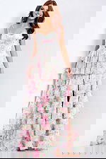 Floral corset prom dress with tiered ruffles