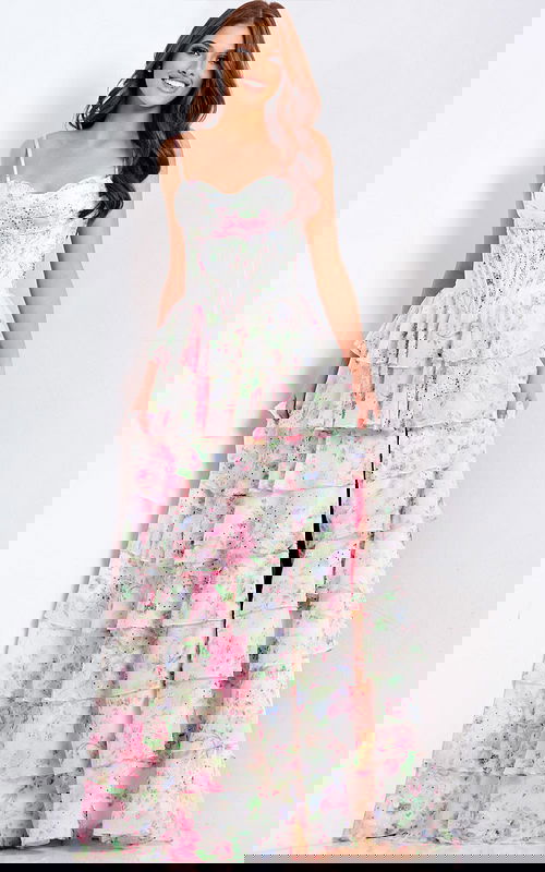 Floral corset prom dress with tiered ruffles