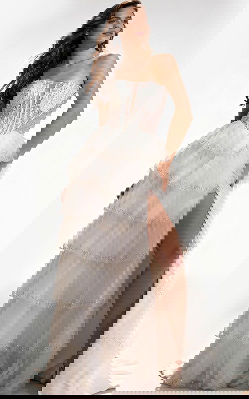 Strapless sequin corset prom dress with lace-up back