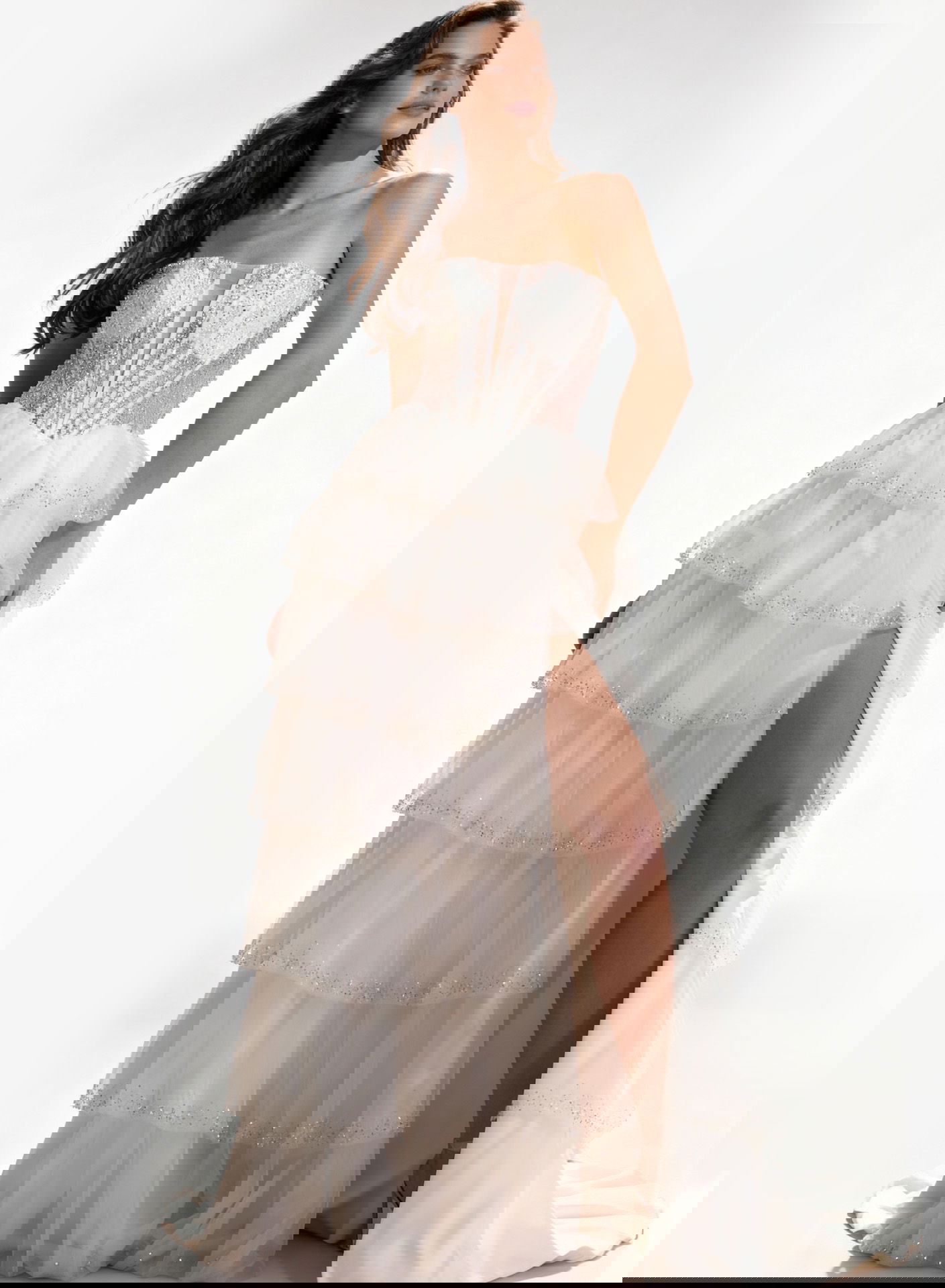 47290-1 Strapless sequin corset prom dress with lace-up back