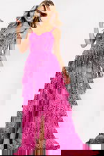 Pink tiered sequin prom dress with sweetheart neckline and straps