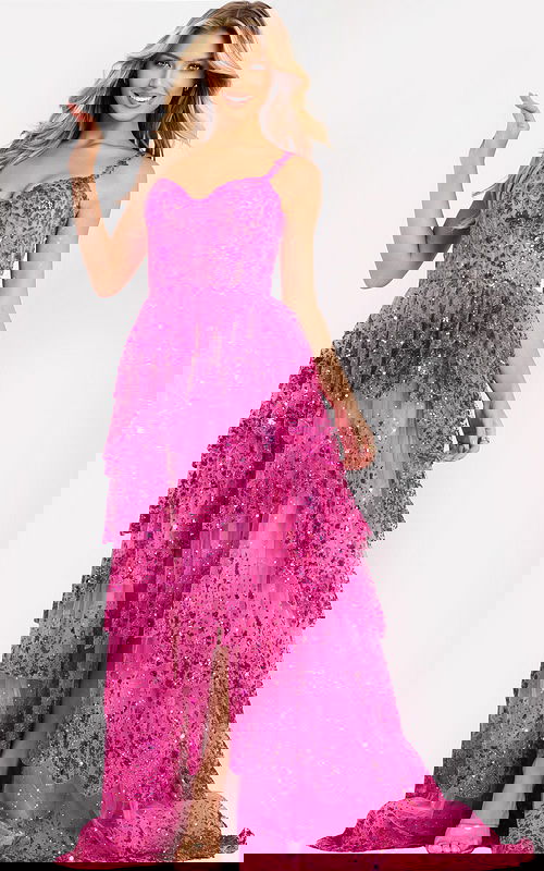 Pink tiered sequin prom dress with sweetheart neckline and straps