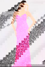 Hot pink fitted prom gown with strapless bodice and reflective beadwork