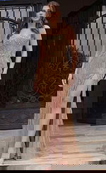 Strapless fitted gown with vertical beadwork and high slit detail