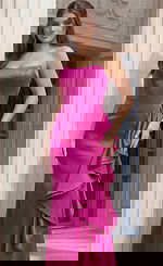 satin strapless fitted dress with ruffled detail 47386