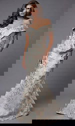 Front view of an off the shoulder fitted evening gown with a structured bodice and flared hem