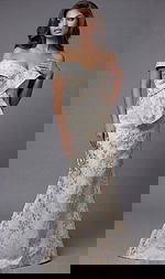 Front angled view of an off the shoulder formal dress with a sculpted waist detail