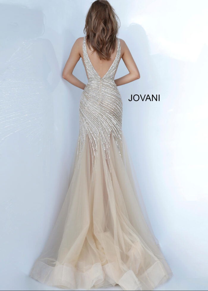 Back view of Jovani 4741 dress in nude with sequin detailing and low back design.