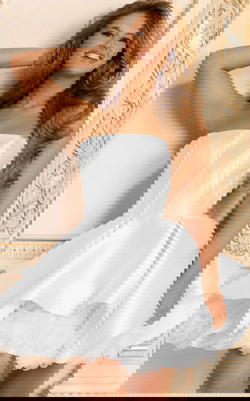 white puffy dress with organza detail on hem 47419