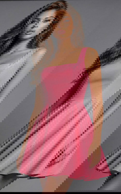 Sleeveless fitted dress with square neckline and softly flared skirt in smooth fabric