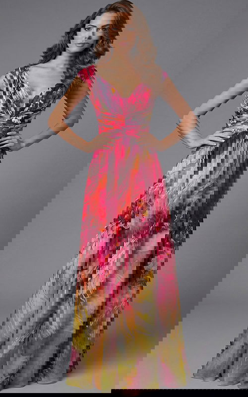 Off shoulder chiffon gown with watercolor print and flowing floor length skirt