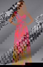 Off shoulder chiffon gown with watercolor print and flowing floor length skirt