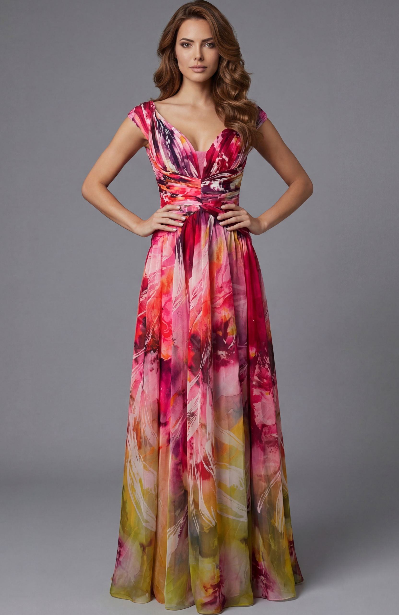 47499-1 Off shoulder chiffon gown with watercolor print and flowing floor length skirt