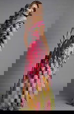 Printed chiffon gown with draped bodice and soft multicolor design