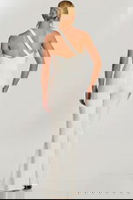 Back view of one-shoulder ivory jumpsuit with flared legs and zipper closure