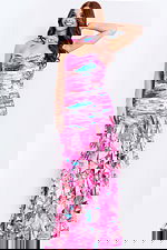 Strapless floral print prom dress with ruched bodice and ruffled skirt