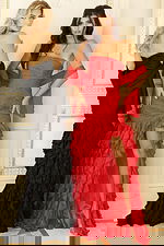 Red and black ruched gowns with tiered ruffle skirts and high slits