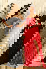 Strapless ruffled gowns with ruched bodices and matching shawls