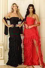 Strapless ruffled gowns with ruched bodices and matching shawls