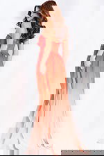 Red-orange satin gown with soft gradient hem