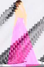 Elegant satin prom dress featuring full skirt and side pockets