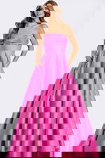 Pink strapless satin ball gown with ruched bodice and pleated skirt