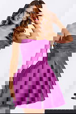 Sleeveless strapless satin short dress with flared hem