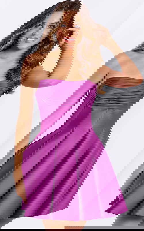 Sleeveless strapless satin short dress with flared hem