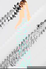 Strapless floral print prom dress with ruffled tiered skirt and high slit