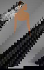 Back view of strapless full skirt ball gown with structured bodice