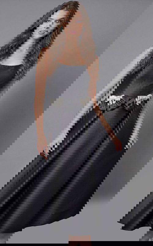 Front view of elegant strapless evening dress featuring an A line silhouette and flared skirtFront view of elegant strapless evening dress featuring an A line silhouette and flared skirt