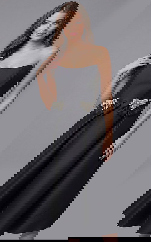 black strapless midi dress with fitted bodice and smooth pleated skirt