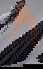 Strapless black midi evening dress with structured bodice and crystal bow waist detail